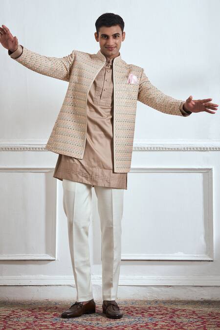 Shop Tajiri Beige Cotton Tussar Embroidered Mirror Reflections Bandhgala And Kurta Set Online at Aza Fashions Shop_Tajiri_Beige Cotton Tussar Embroidered Mirror Reflections Bandhgala And Kurta Set _Online_at_Aza_Fashions