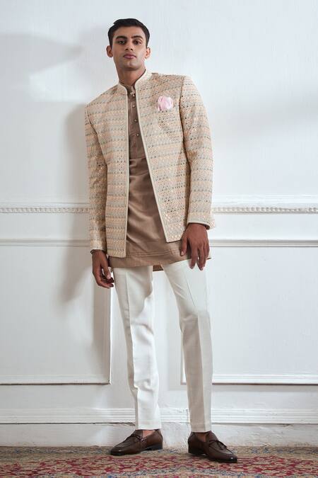 Tajiri Beige Cotton Tussar Embroidered Mirror Reflections Bandhgala And Kurta Set at Aza Fashions Tajiri_Beige Cotton Tussar Embroidered Mirror Reflections Bandhgala And Kurta Set _at_Aza_Fashions