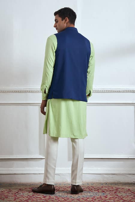 Shop Tajiri Blue Cotton, Tussar Embroidery Floral Bundi Kurta Set at Aza Fashions Shop_Tajiri_Blue Cotton, Tussar Embroidery Floral Bundi Kurta Set _at_Aza_Fashions