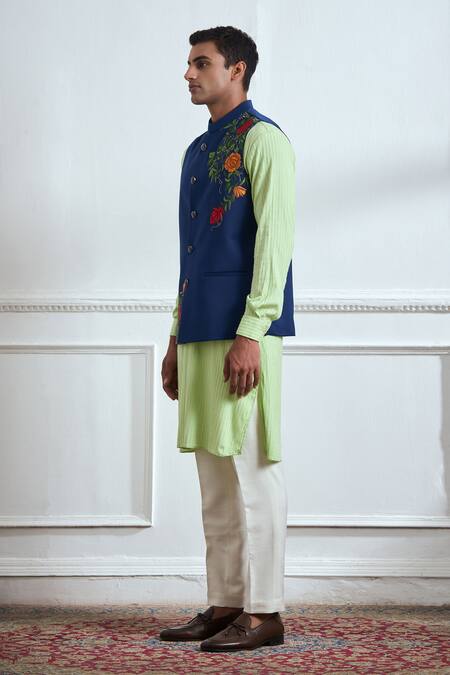 Tajiri Blue Cotton, Tussar Embroidery Floral Bundi Kurta Set Online at Aza Fashions Tajiri_Blue Cotton, Tussar Embroidery Floral Bundi Kurta Set _Online_at_Aza_Fashions