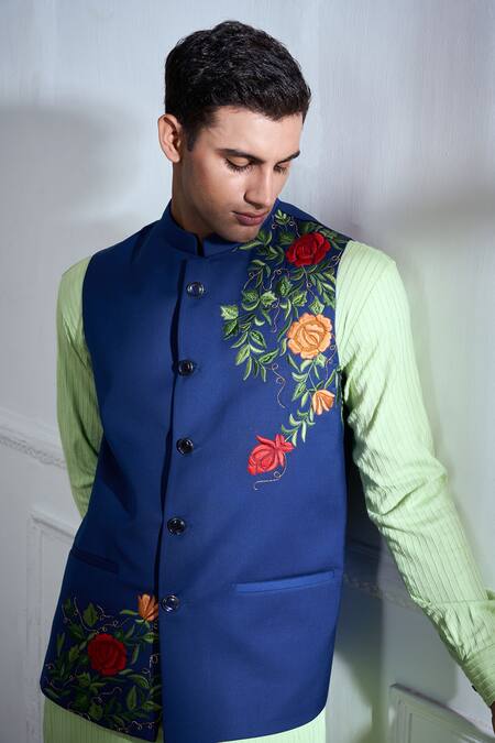 Buy Tajiri Blue Cotton, Tussar Embroidery Floral Bundi Kurta Set Online at Aza Fashions Buy_Tajiri_Blue Cotton, Tussar Embroidery Floral Bundi Kurta Set _Online_at_Aza_Fashions