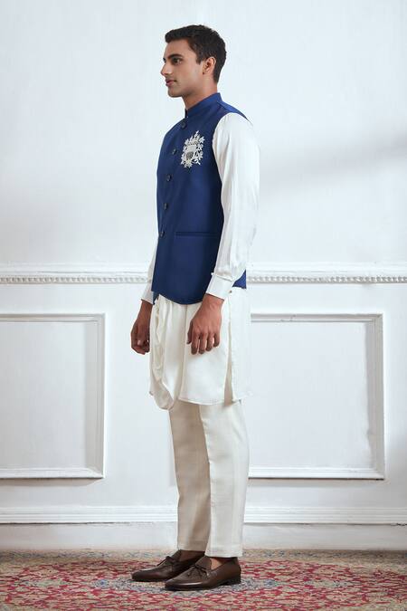 Tajiri_Blue Cotton, Tussar Pearls, Sequins Embroidered Bundi And Draped Kurta Set _Online_at_Aza_Fashions