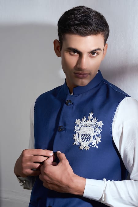 Buy_Tajiri_Blue Cotton, Tussar Pearls, Sequins Embroidered Bundi And Draped Kurta Set _Online_at_Aza_Fashions