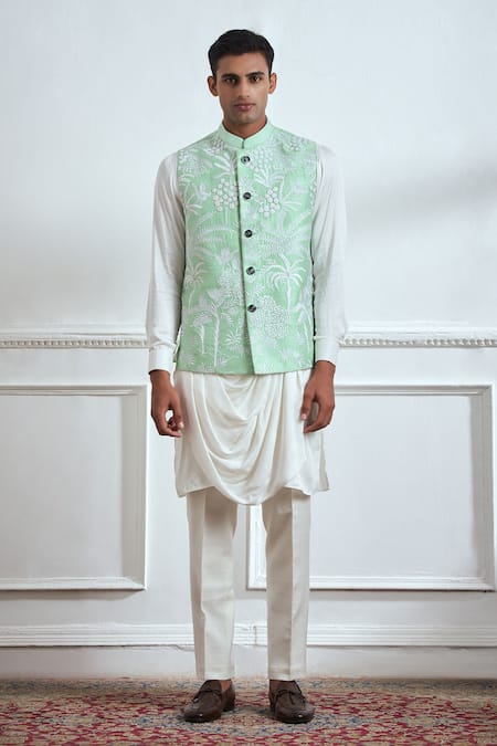 Tajiri Green Cotton Tussar Embroidered Botanic Bundi Kurta Set Online at Aza Fashions Tajiri_Green Cotton Tussar Embroidered Botanic Bundi Kurta Set _Online_at_Aza_Fashions