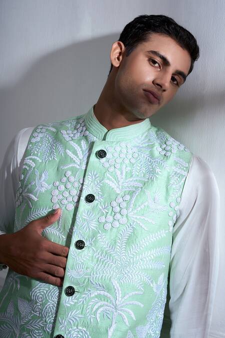 Shop Tajiri Green Cotton Tussar Embroidered Botanic Bundi Kurta Set Online at Aza Fashions Shop_Tajiri_Green Cotton Tussar Embroidered Botanic Bundi Kurta Set _Online_at_Aza_Fashions