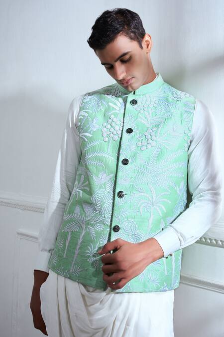 Tajiri Green Cotton Tussar Embroidered Botanic Bundi Kurta Set at Aza Fashions Tajiri_Green Cotton Tussar Embroidered Botanic Bundi Kurta Set _at_Aza_Fashions