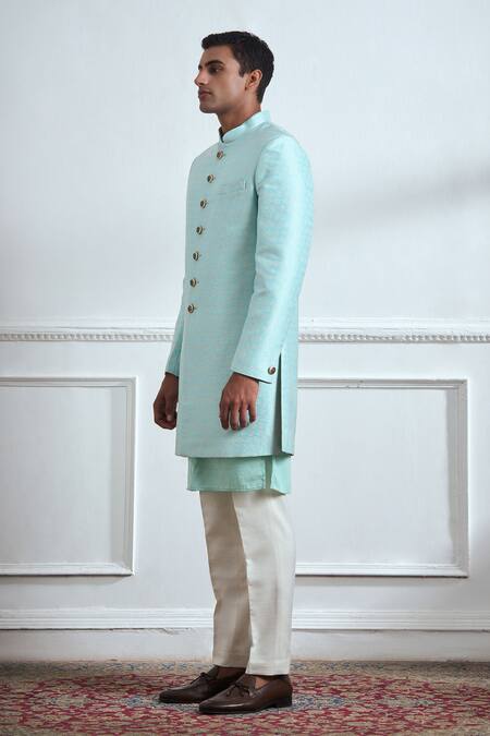 Tajiri Blue Cotton Tussar Woven Floral Finezza Longline Coat And Kurta Set Online at Aza Fashions Tajiri_Blue Cotton Tussar Woven Floral Finezza Longline Coat And Kurta Set _Online_at_Aza_Fashions