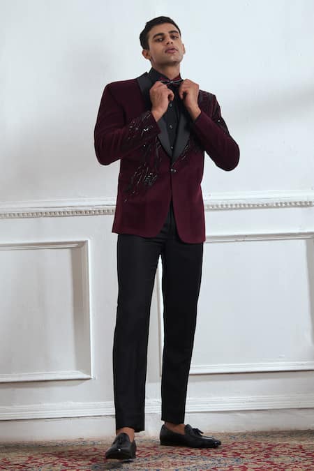 Tajiri_Wine Suede, Cotton Sequins, Cut Rhapsody Embellished Tuxedo Blazer And Pant Set _Online_at_Aza_Fashions