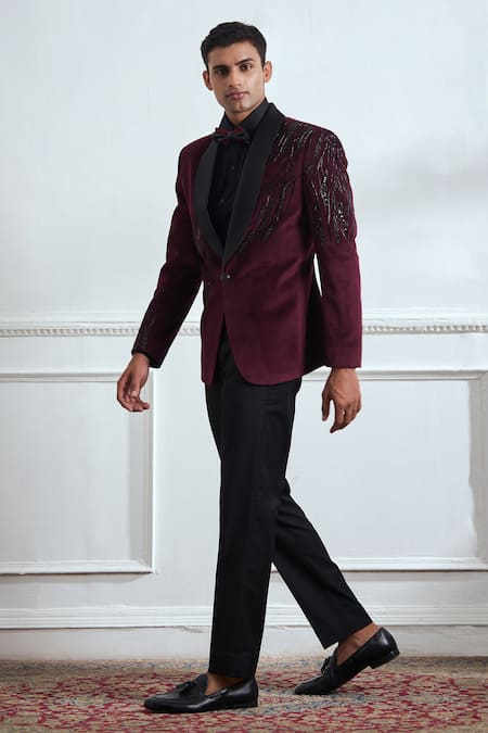 Shop_Tajiri_Wine Suede, Cotton Sequins, Cut Rhapsody Embellished Tuxedo Blazer And Pant Set _Online_at_Aza_Fashions