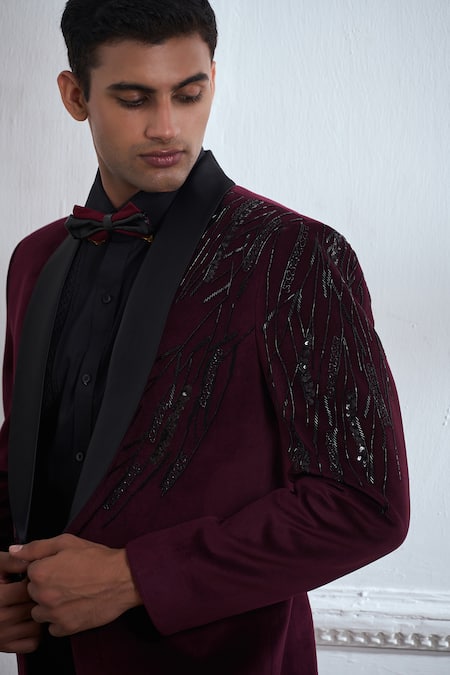 Tajiri_Wine Suede, Cotton Sequins, Cut Rhapsody Embellished Tuxedo Blazer And Pant Set _at_Aza_Fashions