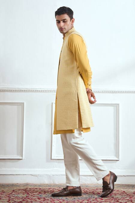 Buy Tajiri Yellow Cotton, Tussar Embroidery Sunflower Floral Pattern Bundi Kurta Set Online at Aza Fashions Buy_Tajiri_Yellow Cotton, Tussar Embroidery Sunflower Floral Pattern Bundi Kurta Set _Online_at_Aza_Fashions