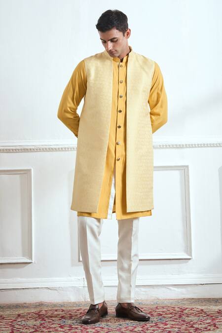 Shop Tajiri Yellow Cotton, Tussar Embroidery Sunflower Floral Pattern Bundi Kurta Set Online at Aza Fashions Shop_Tajiri_Yellow Cotton, Tussar Embroidery Sunflower Floral Pattern Bundi Kurta Set _Online_at_Aza_Fashions