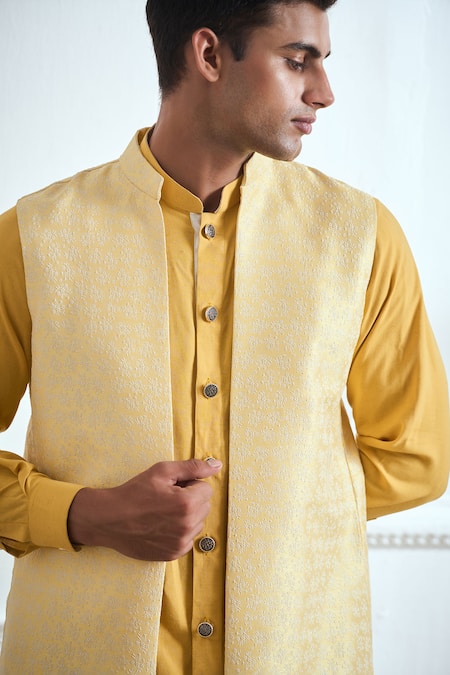 Tajiri Yellow Cotton, Tussar Embroidery Sunflower Floral Pattern Bundi Kurta Set at Aza Fashions Tajiri_Yellow Cotton, Tussar Embroidery Sunflower Floral Pattern Bundi Kurta Set _at_Aza_Fashions