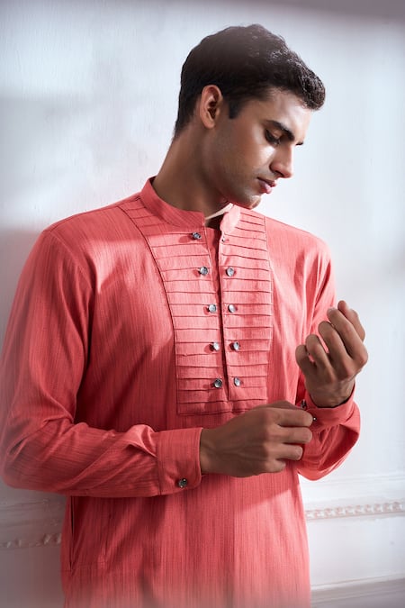 Shop Tajiri Pink Cotton Tussar Textured Pintucked Dora Yoke Kurta Set Online at Aza Fashions Shop_Tajiri_Pink Cotton Tussar Textured Pintucked Dora Yoke Kurta Set _Online_at_Aza_Fashions