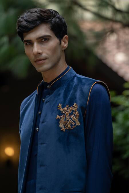 Shop Tajiri Blue Velvet, Rayon Zari, Embroidery, Diamonds Bundi And Draped Kurta Set Online at Aza Fashions Shop_Tajiri_Blue Velvet, Rayon Zari, Embroidery, Diamonds Bundi And Draped Kurta Set _Online_at_Aza_Fashions