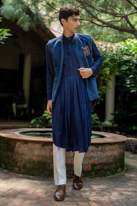 Tajiri Blue Velvet, Rayon Zari, Embroidery, Diamonds Bundi And Draped Kurta Set at Aza Fashions Tajiri_Blue Velvet, Rayon Zari, Embroidery, Diamonds Bundi And Draped Kurta Set _at_Aza_Fashions