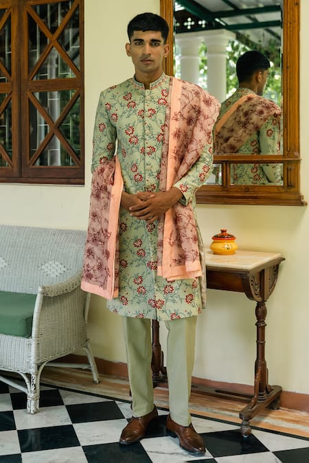 TAJIRI Green Cotton Silk Embroidery Thread Karigari Sherwani Set