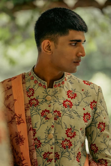 Buy Tajiri Green Cotton Silk Embroidery Thread Karigari Sherwani Set Online at Aza Fashions Buy_Tajiri_Green Cotton Silk Embroidery Thread Karigari Sherwani Set _Online_at_Aza_Fashions