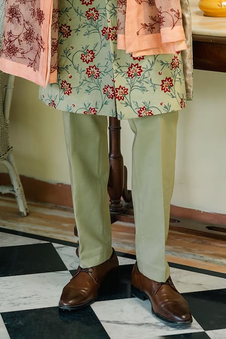 Shop Tajiri Green Cotton Silk Embroidery Thread Karigari Sherwani Set Online at Aza Fashions Shop_Tajiri_Green Cotton Silk Embroidery Thread Karigari Sherwani Set _Online_at_Aza_Fashions