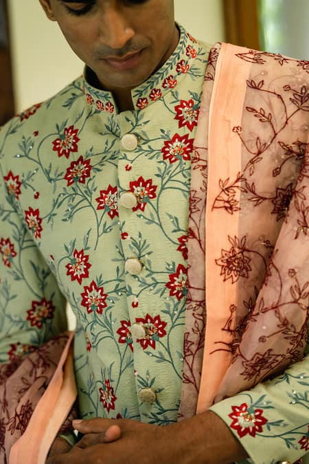 Buy Tajiri Green Cotton Silk Embroidery Thread Karigari Sherwani Set Buy_Tajiri_Green Cotton Silk Embroidery Thread Karigari Sherwani Set