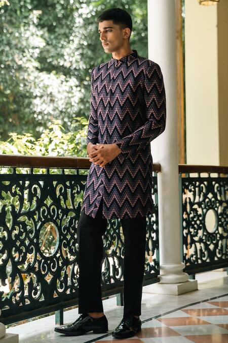 Shop_Tajiri_Black Embroidery Thread Valiant Chevron Pattern Sherwani Set _Online_at_Aza_Fashions