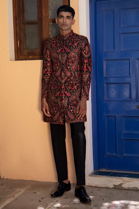 Tajiri Red Embroidery Thread Noor Paisley Sherwani Set Online at Aza Fashions Tajiri_Red Embroidery Thread Noor Paisley Sherwani Set _Online_at_Aza_Fashions