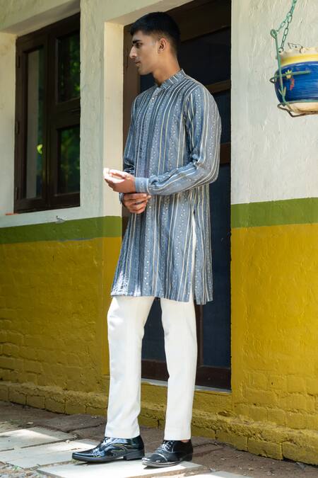 Buy_Tajiri_Blue Silk Embroidery Zari Hallstat Floral Stripe Kurta Set _Online_at_Aza_Fashions