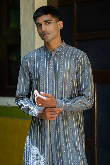 Shop_Tajiri_Blue Silk Embroidery Zari Hallstat Floral Stripe Kurta Set _Online_at_Aza_Fashions