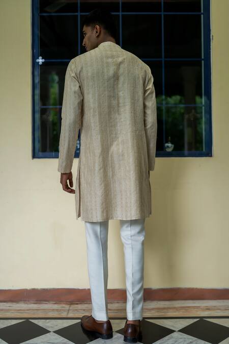 Shop_Tajiri_Beige Fine Silk Embroidery Zari Raahgir Work Kurta Set _at_Aza_Fashions