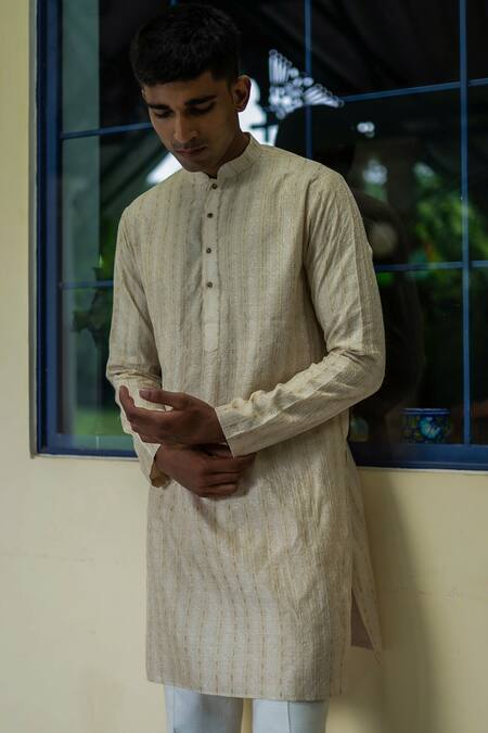 Tajiri_Beige Fine Silk Embroidery Zari Raahgir Work Kurta Set _at_Aza_Fashions