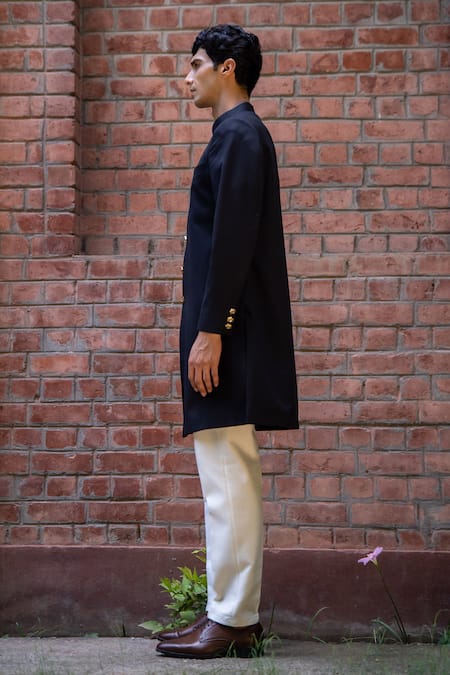 Buy_Tajiri_Black Cotton Poly Plain Nawab Solid Sherwani Set _Online_at_Aza_Fashions