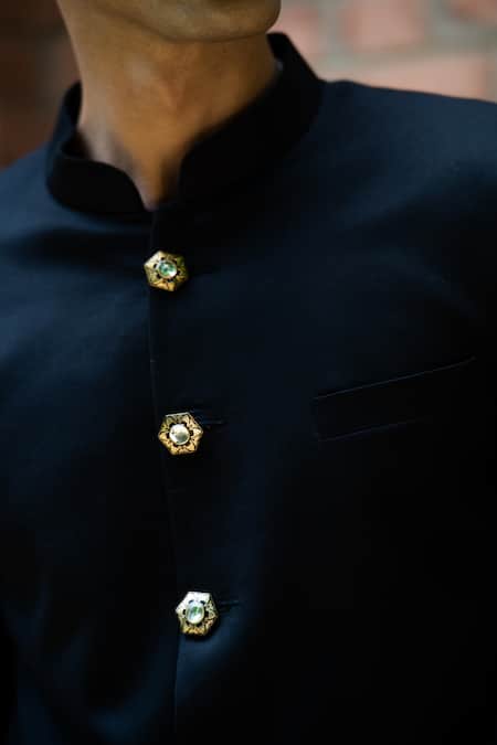 Tajiri_Black Cotton Poly Plain Nawab Solid Sherwani Set _at_Aza_Fashions