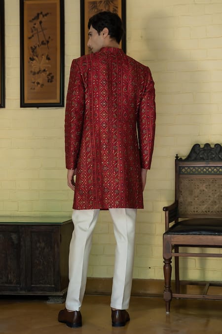 Shop_Tajiri_Red Embroidery Thread Attic Sequin Work Sherwani Set _at_Aza_Fashions