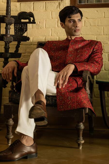 Tajiri_Red Embroidery Thread Attic Sequin Work Sherwani Set _Online_at_Aza_Fashions