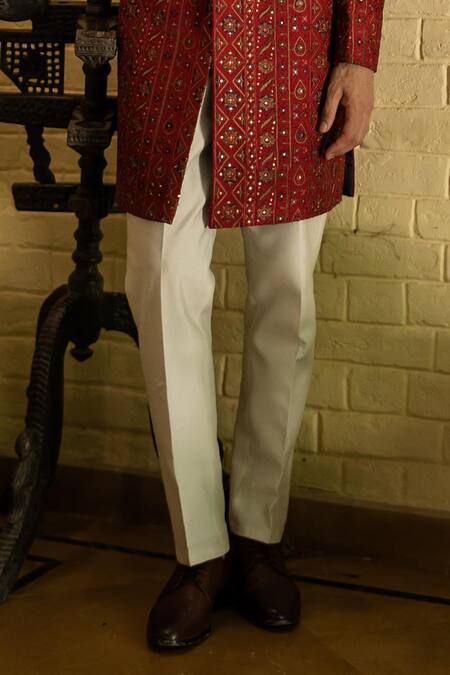Buy_Tajiri_Red Embroidery Thread Attic Sequin Work Sherwani Set _Online_at_Aza_Fashions