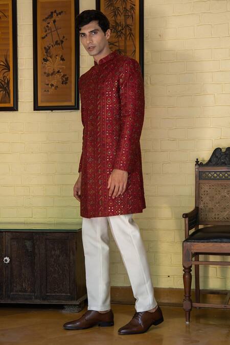 Shop_Tajiri_Red Embroidery Thread Attic Sequin Work Sherwani Set _Online_at_Aza_Fashions