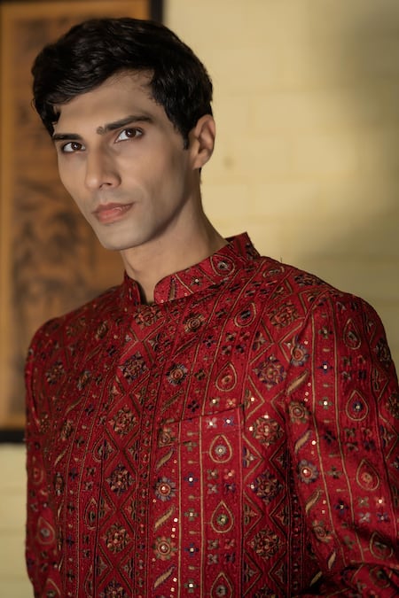 Tajiri_Red Embroidery Thread Attic Sequin Work Sherwani Set _at_Aza_Fashions