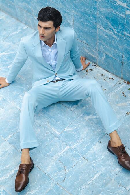 Tajiri_Blue Cotton, Tussar Embroidery Arctic Placement Blazer And Pant Set _Online_at_Aza_Fashions