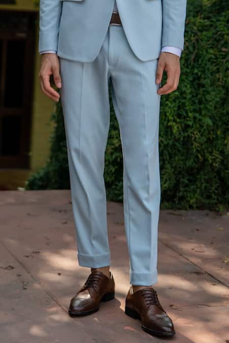 Buy_Tajiri_Blue Cotton, Tussar Embroidery Arctic Placement Blazer And Pant Set _Online_at_Aza_Fashions