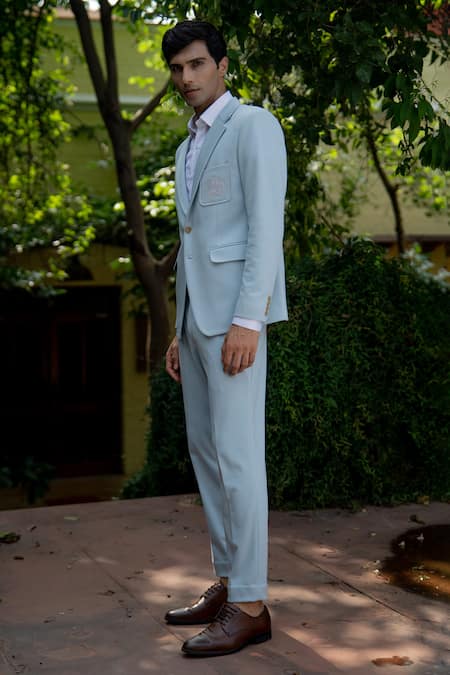 Shop_Tajiri_Blue Cotton, Tussar Embroidery Arctic Placement Blazer And Pant Set _Online_at_Aza_Fashions