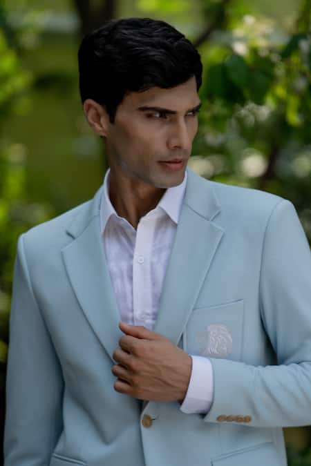 Tajiri_Blue Cotton, Tussar Embroidery Arctic Placement Blazer And Pant Set _at_Aza_Fashions