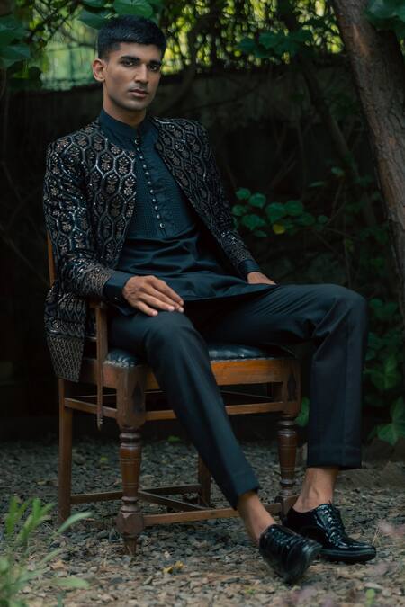 Tajiri Black Velvet, Satin, Cotton, Modal Embroidery, Monarch Jacket And Kurta Set Online at Aza Fashions Tajiri_Black Velvet, Satin, Cotton, Modal Embroidery, Monarch Jacket And Kurta Set _Online_at_Aza_Fashions