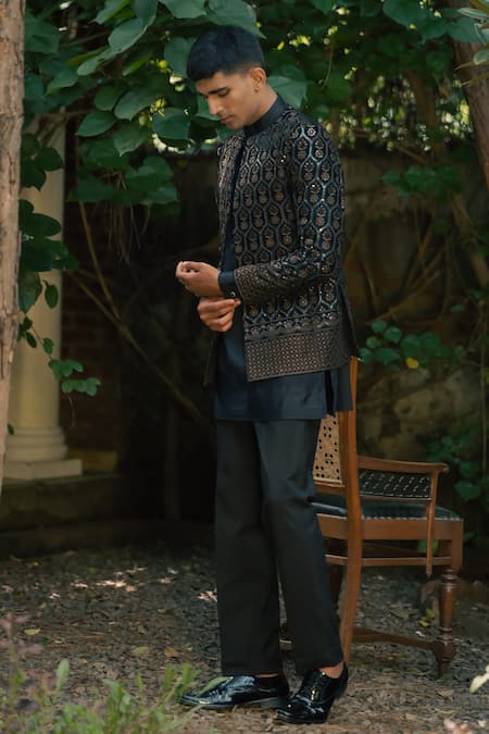 Shop Tajiri Black Velvet, Satin, Cotton, Modal Embroidery, Monarch Jacket And Kurta Set Online at Aza Fashions Shop_Tajiri_Black Velvet, Satin, Cotton, Modal Embroidery, Monarch Jacket And Kurta Set _Online_at_Aza_Fashions