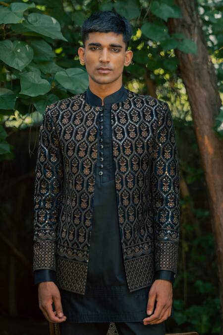 Tajiri Black Velvet, Satin, Cotton, Modal Embroidery, Monarch Jacket And Kurta Set at Aza Fashions Tajiri_Black Velvet, Satin, Cotton, Modal Embroidery, Monarch Jacket And Kurta Set _at_Aza_Fashions