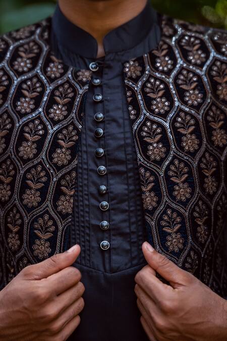 Buy Tajiri Black Velvet, Satin, Cotton, Modal Embroidery, Monarch Jacket And Kurta Set Buy_Tajiri_Black Velvet, Satin, Cotton, Modal Embroidery, Monarch Jacket And Kurta Set