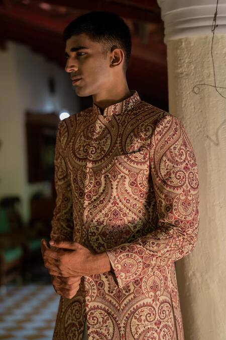 Tajiri_Beige Embroidery Resham Majesty Paisley Sherwani Set _at_Aza_Fashions