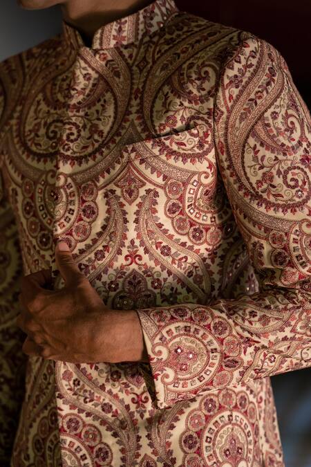 Buy_Tajiri_Beige Embroidery Resham Majesty Paisley Sherwani Set 
