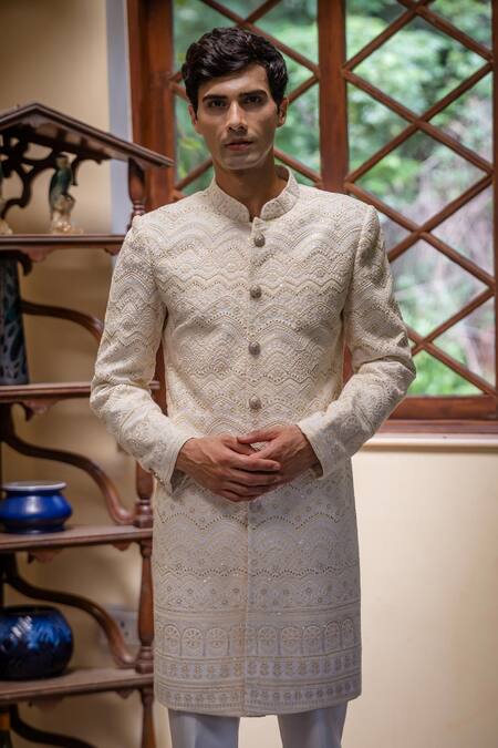 Shop Tajiri Beige Cotton Silk Embroidery Thread Rajvansh Scallop Sherwani Set Online at Aza Fashions Shop_Tajiri_Beige Cotton Silk Embroidery Thread Rajvansh Scallop Sherwani Set _Online_at_Aza_Fashions