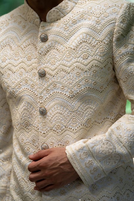 Tajiri Beige Cotton Silk Embroidery Thread Rajvansh Scallop Sherwani Set at Aza Fashions Tajiri_Beige Cotton Silk Embroidery Thread Rajvansh Scallop Sherwani Set _at_Aza_Fashions