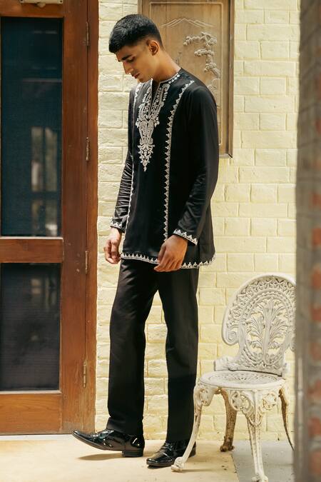 Shop_Tajiri_Black Cotton Embroidery Thread Valorous Work Kurta Set _Online_at_Aza_Fashions